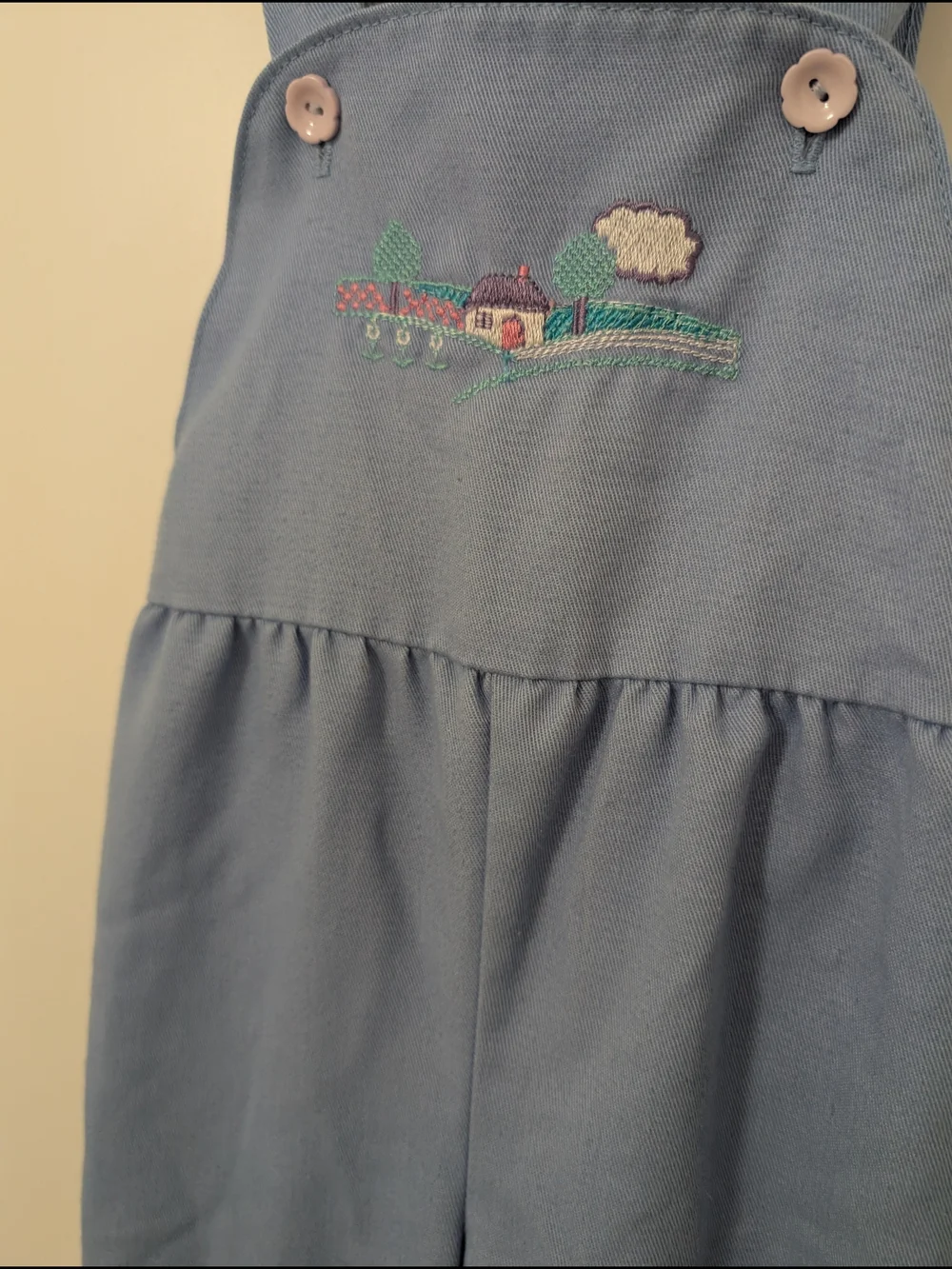 Vintage Light Blue Ruffled Strap Overalls with Farm Embroidery Cottage Core‎